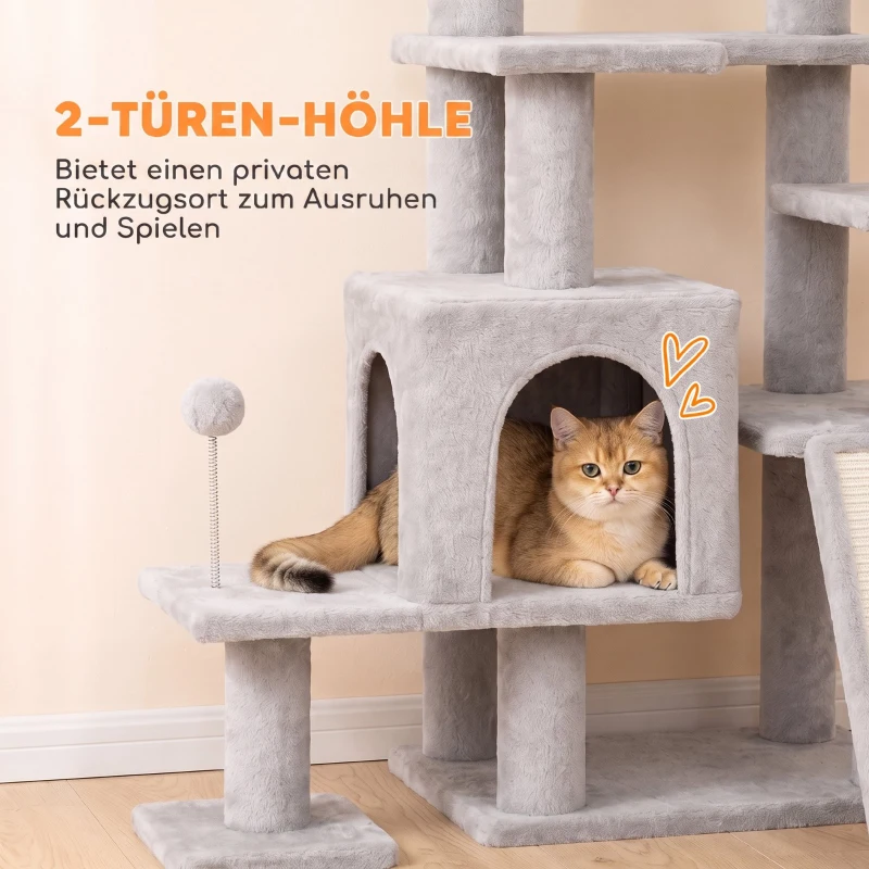 PawHut Kratzbaum Große, 152 cm hoch Katzenbaum mit Kratzstämmen Höhlen mit 2 Eingängen 3 Bällen Hängematte, 6 kg, Hellgrau