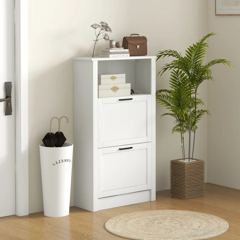 HOMCOM Modern Shoe Cabinet with 2 Flip Drawers and Adjustable Shelves, Narrow Shoe Storage Cabinet with Open Compartment, Holds 10 Pairs for Entryway, Hallway, White