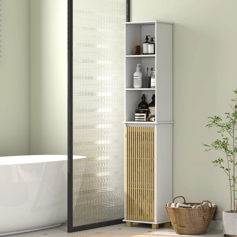 HOMCOM Colonne salle de bain, meuble salle de bain rangement avec porte à lattes en bambou et compartiments ouverts, blanc