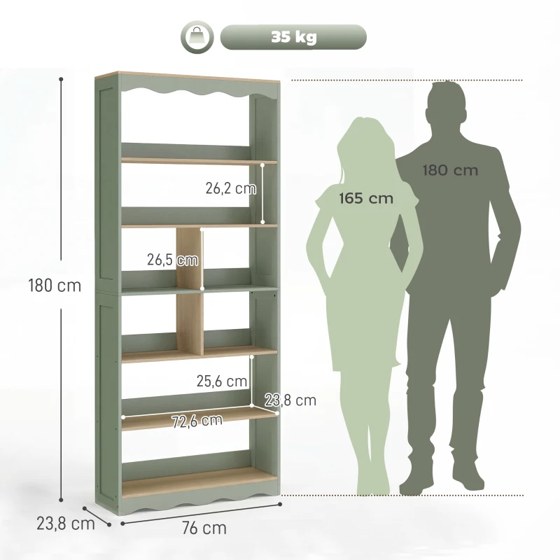 HOMCOM Bibliothèque, étagère de rangement à 6 niveaux avec 6 compartiments ouverts, 76 x 23,8 x 180 cm, bois naturel et vert