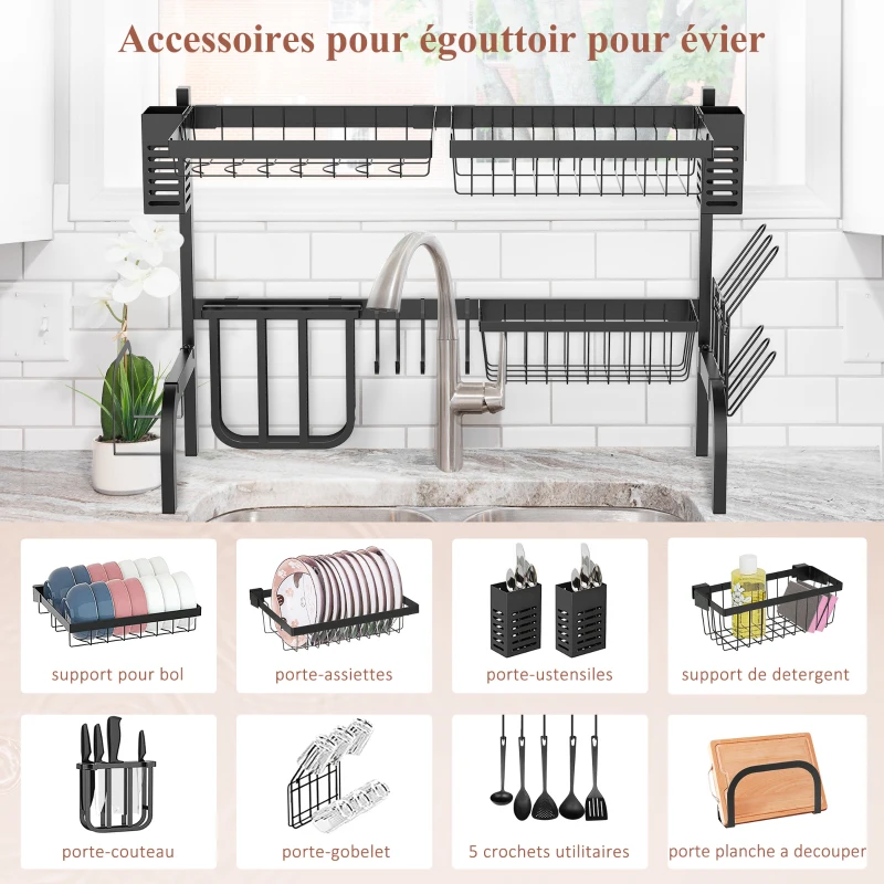 HOMCOM Égouttoir à vaisselle au-dessus de l'évier, séchoir à vaisselle 2 niveaux, modulables en acier 81,5 x 31,5 x 53,5cm noir