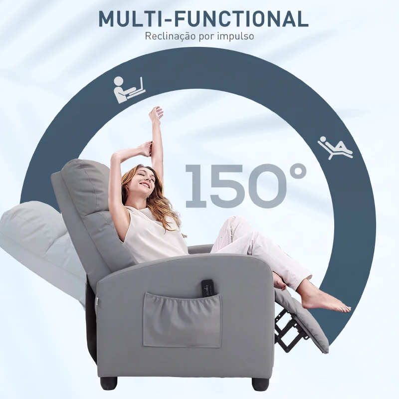 HOMCOM Poltrona de Massagem Reclinável com Controlo Remoto 2 Áreas de Massagem 8 Programas 5 Níveis 68x88x98 cm Cinzento
