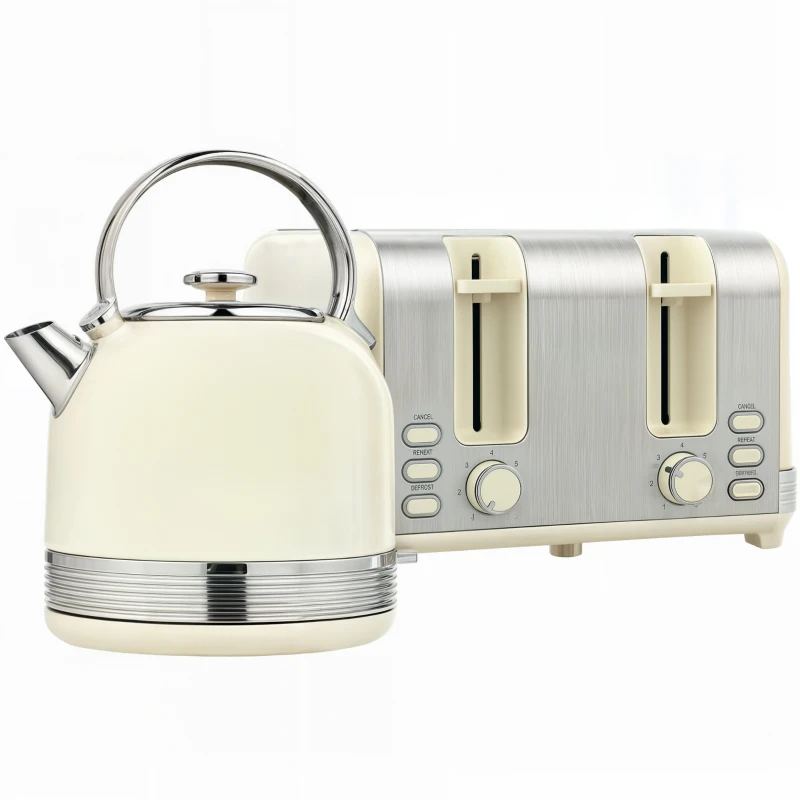 HOMCOM Polished Stainless Steel Kettle and Toaster Set - Cream