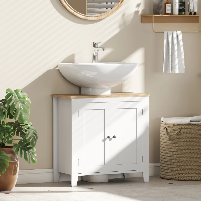kleankin Mobile Sottolavabo Bagno a U con Ripiano Regolabile Interno, in MDF, 60x30x60 cm, Bianco e color Legno