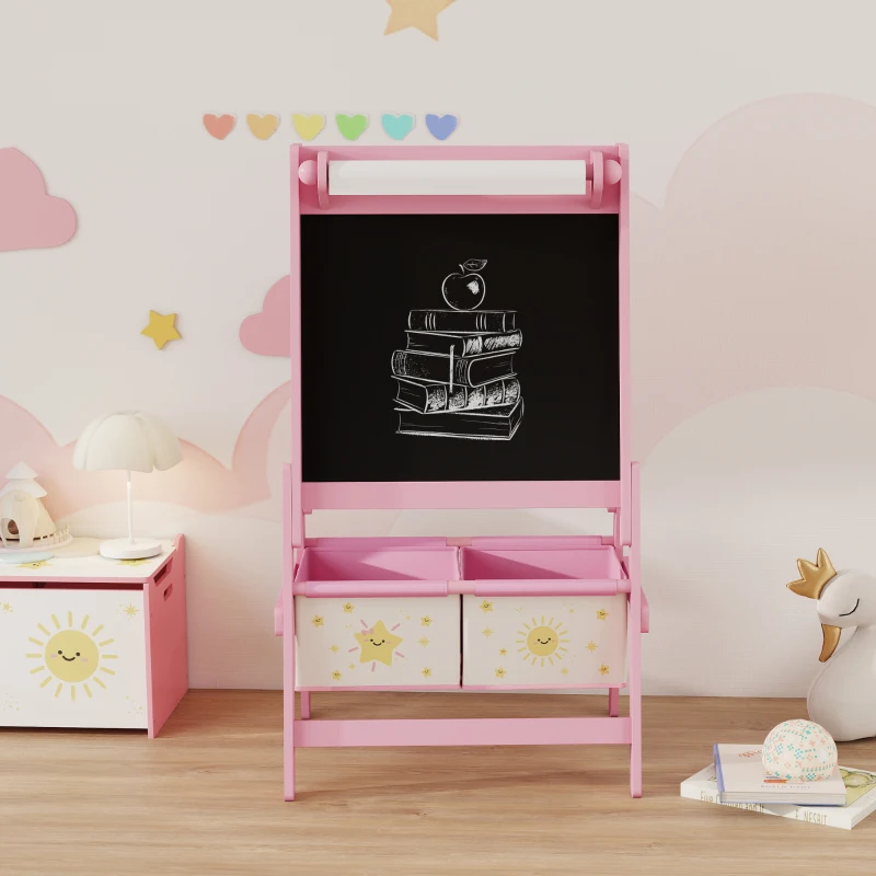 AIYAPLAY Kinder Ezel 3-in-1 Kindertafel met Krijtbord, Whiteboard, Papierrol en 2 Opbergmanden, voor 3-8 Jaar, Roze