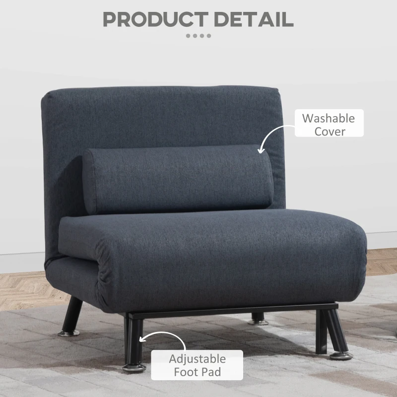 HOMCOM Single Sofa Chair Bed, Linen Fabric 3-in-1 Convertible Sleeper Chair with 5-Position Adjustable Backrest, 75cm Wide Seat, Pillow for Living Room, Bedroom, Black
