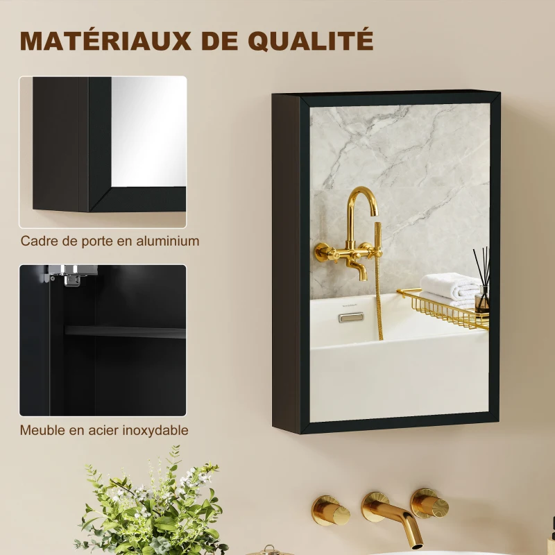 kleankin Armoire miroir de salle de bain armoire murale armoire à glace avec 1 porte et 2 étagères en acier 40 x 12 x 60 cm noir