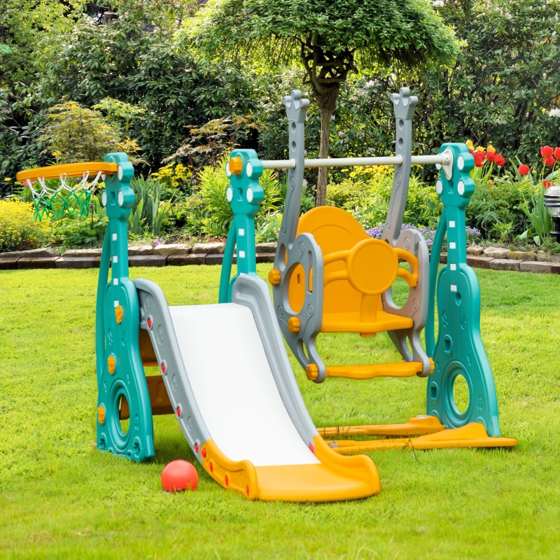 HOMCOM Toboggan et balançoire pour enfants 4 en 1 avec panier de basket, siège réglable, 152x149x107cm, bleu et jaune(m-10)
