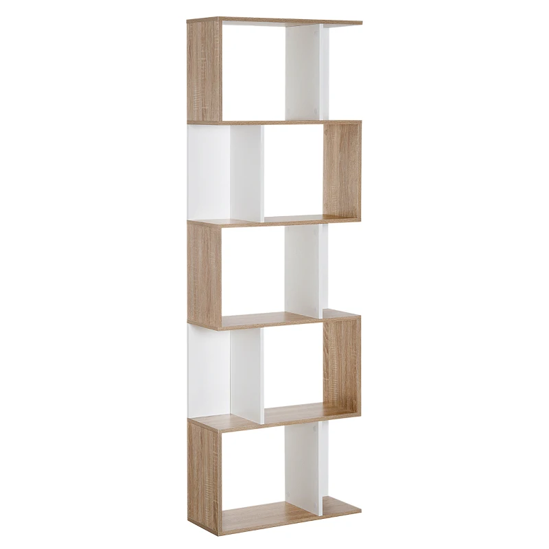 HOMCOM Estantería en Forma de S Alta con 5 Estantes Diseño Moderno para Salón Oficina 60x24x184,5cm Blanco y Madera