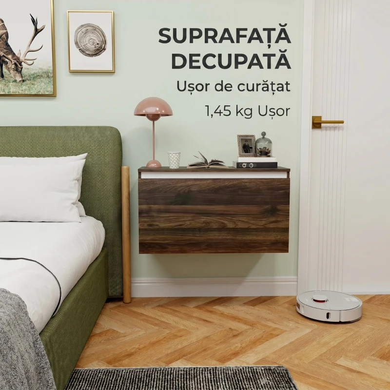 HOMCOM Noptieră Suspendată cu Sertar Fără Mânere și cu Prindere pe Perete, 80x30x45 cm, Finisaj Nuc
