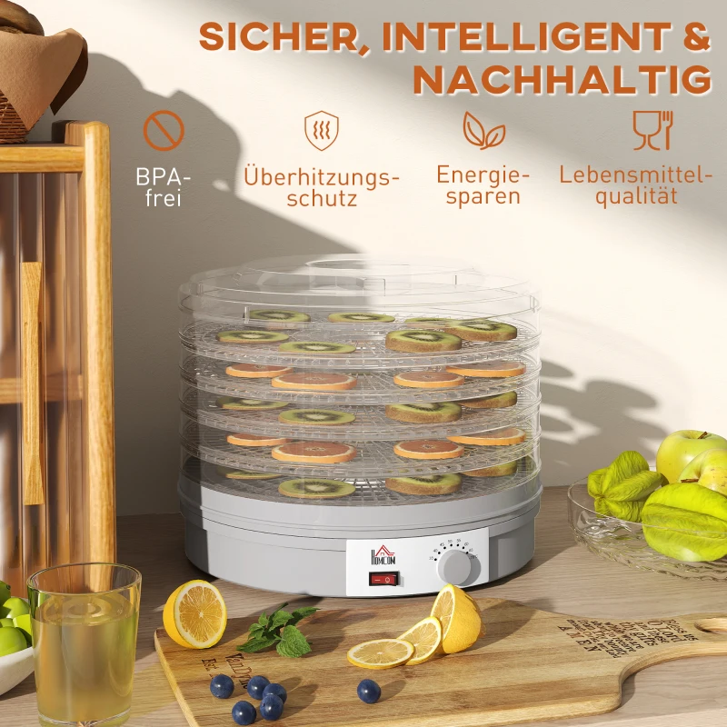 HOMCOM 5-stöckiger Dörrautomat, 245W Dörrofen mit einstellbarer Temperaturregelung, Grau
