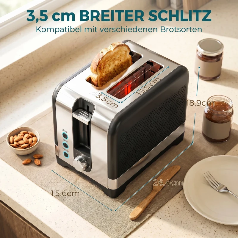 HOMCOM 2-Scheiben-Toaster mit 7 Bräunungsstufen, Aufwärm-/Auftau-/Abbruchfunktionen, Wärmerost, 930 W