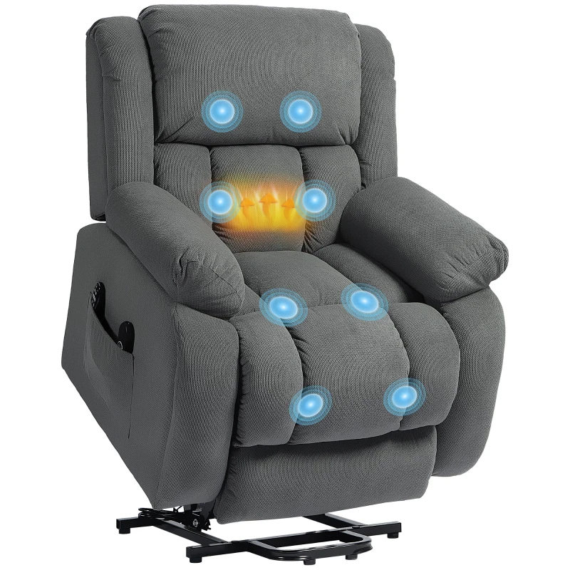 HOMCOM Fernsehsessel mit Massage- und Wärmefunktion, Elektrischer Aufsteh-Sessel, Fernbedienung, Seitentaschen, Grau(m-12)