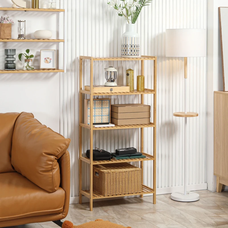 HOMCOM Étagère de rangement en bambou à 5 niveaux, bibliothèque pour salon, chambre et bureau, 60 x 26 x 130 cm, bois naturel