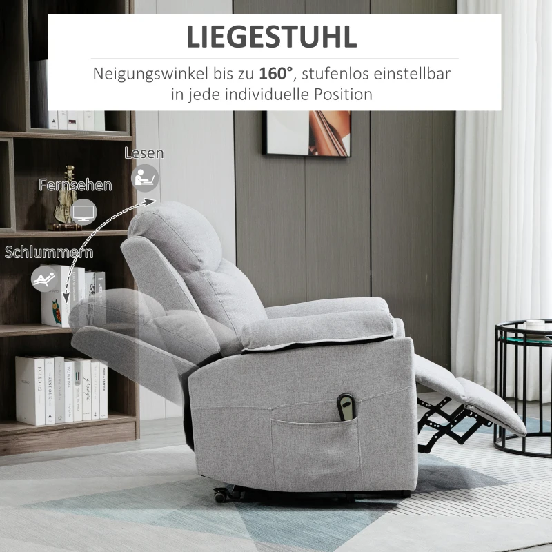 HOMCOM Relaxfauteuil met opsta-hulp, elektrisch, ligfunctie, afstandsbediening, tasjesvering, tot 120 kg, grijs