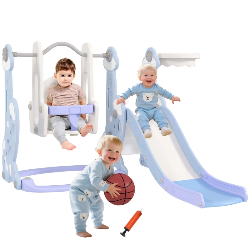 AIYAPLAY 4-in-1 Indoor-Spielplatz, Rutsch- und Schaukelset für Kleinkinder, Basketballkorb, Raketendesign, Kunststoff, Hellblau