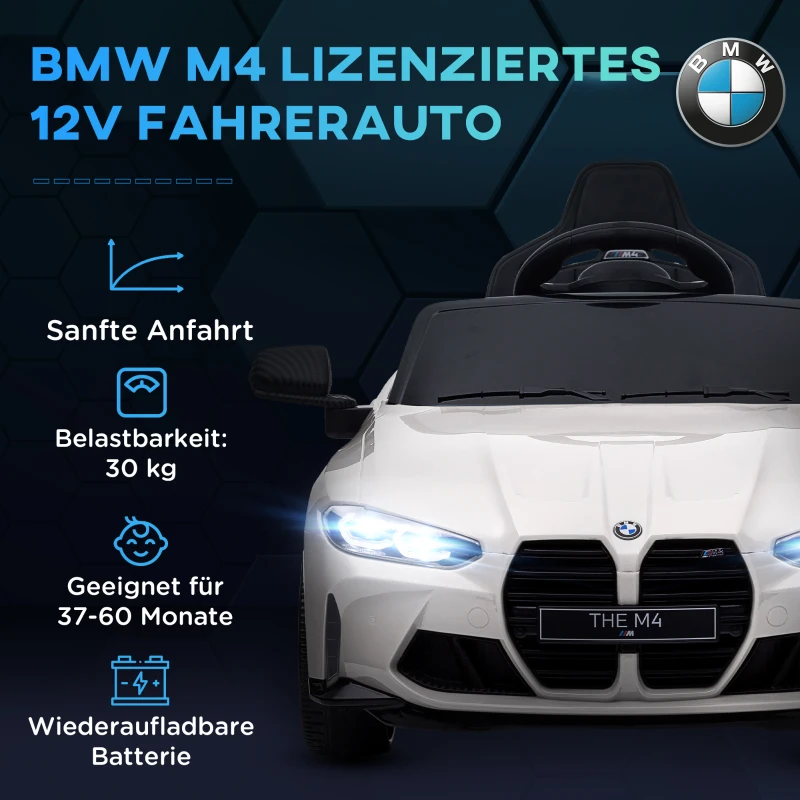 AIYAPLAY Kinderauto 12V, 2,4 GHz afstandsbediening, 2 motoren, claxon, LED, muziek, zachte start, hulpenwiel, wit.