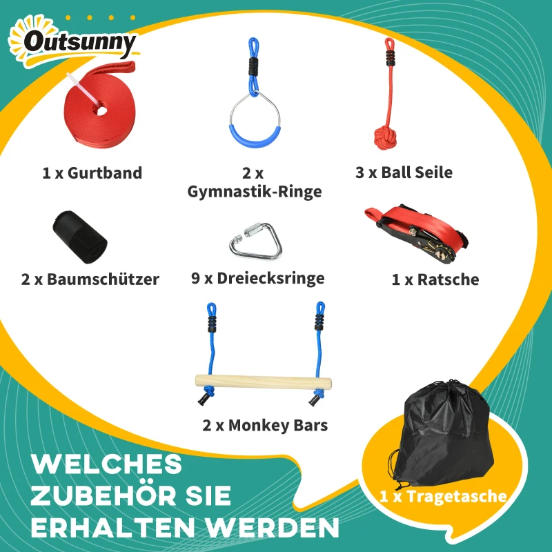 Outsunny Ninja Slackline Set 10m Hangende Obstakels Outdoor Klimset