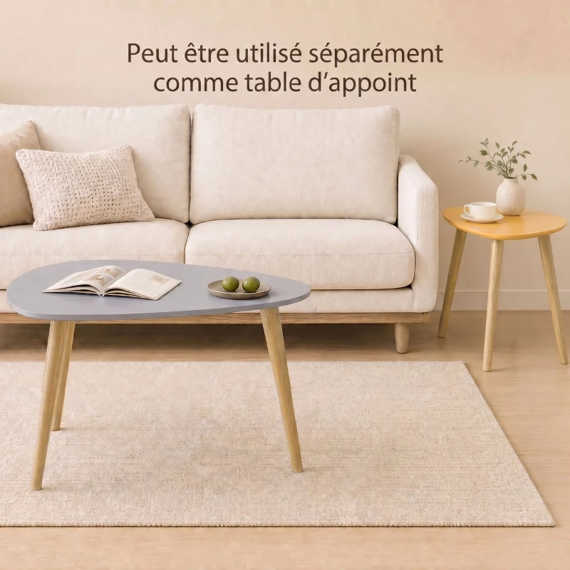 HOMCOM Lot de 2 tables basses gigognes design scandinave pieds en bois et plateau en bois, gris et jaune