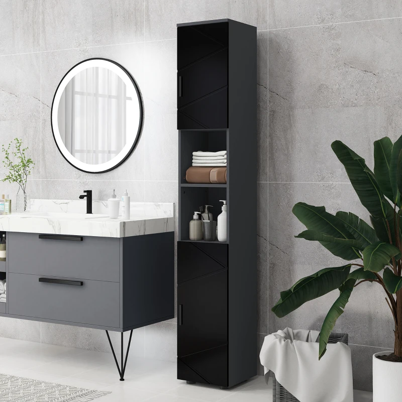 kleankin Colonna Bagno in Truciolato con 2 Ripiani Aperti e 2 Armadietti a 2 Livelli, 30x30x183 cm, Nero e Grigio