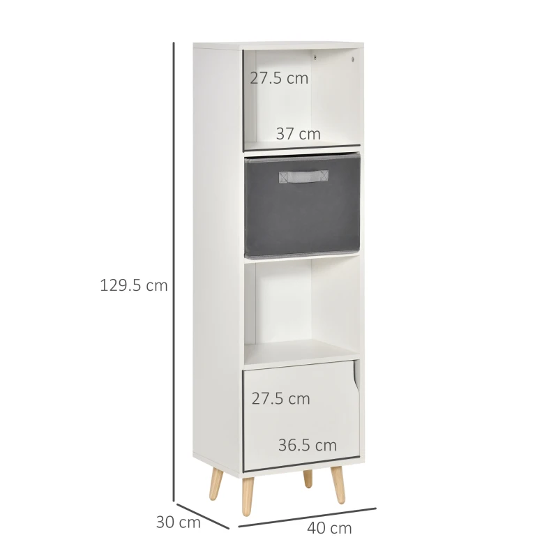 HOMCOM Bookcase with Door and Fabric Drawer, 3 Tier Bookshelf Display Cabinet with Wooden Legs for Living Room Bedroom Study, White