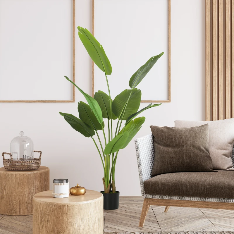 HOMCOM 160cm Tall Artificial Bird of Paradise Plant, Faux Banana Leaf Tree with PEVA Leaves and Flocking, Decorative Palm Tree in Pot for Home Office Decor, Green