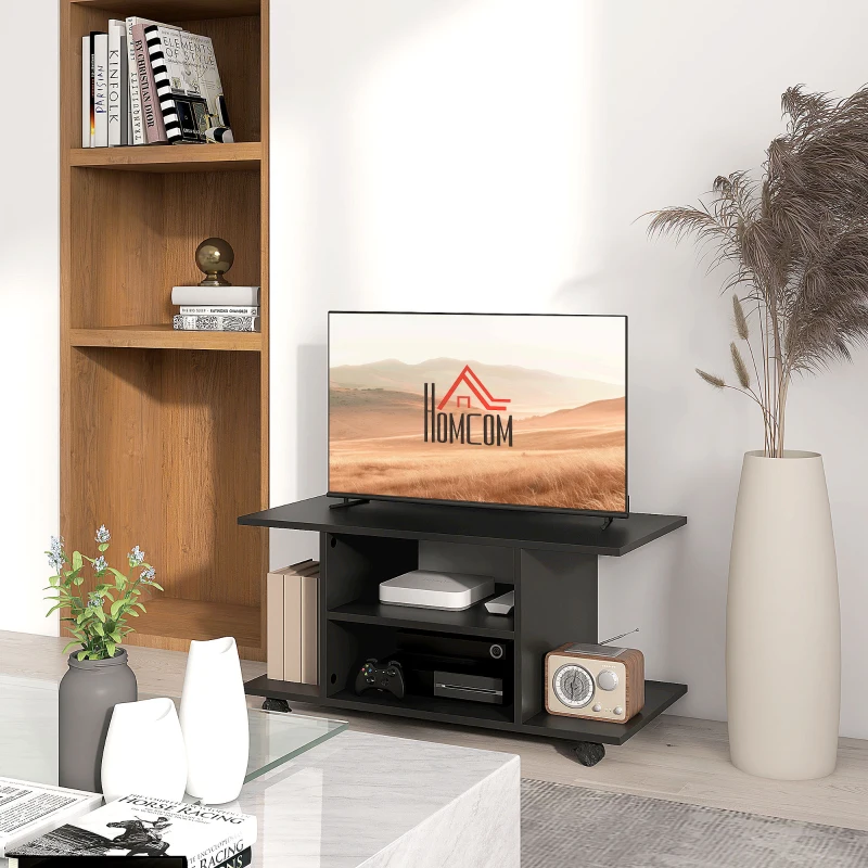 HOMCOM TV-Bank 4 Regale offene Rückwand 4 Rollen 80 cm x 40 cm x 40 cm Holzwerkstoff Schwarz