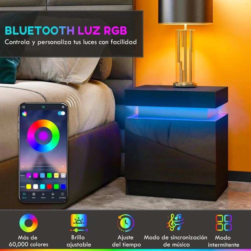 HOMCOM Mesilla de Noche con Luces LED 2 Cajones y Control de APP Mesa de Noche para Dormitorio Salón 45x35x52 cm Negro