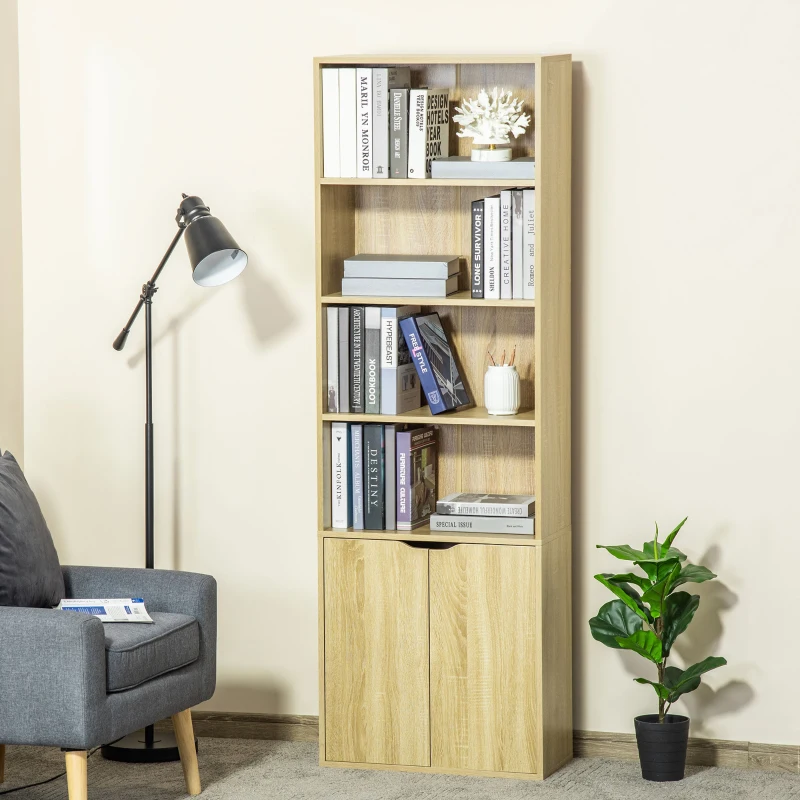 HOMCOM Estantería Librería Armario de Libros con 4 Compartimentos Abiertos y 2 Puertas para Salón Oficina 59x29x180 cm Natural