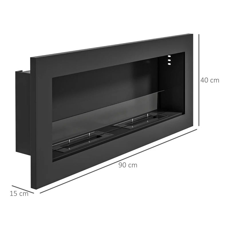 HOMCOM Camino a Bioetanolo da Incasso in Acciaio Inox, 2 Bruciatori da 0.85L per 3 Ore di Durata, 90x15x40cm, Nero