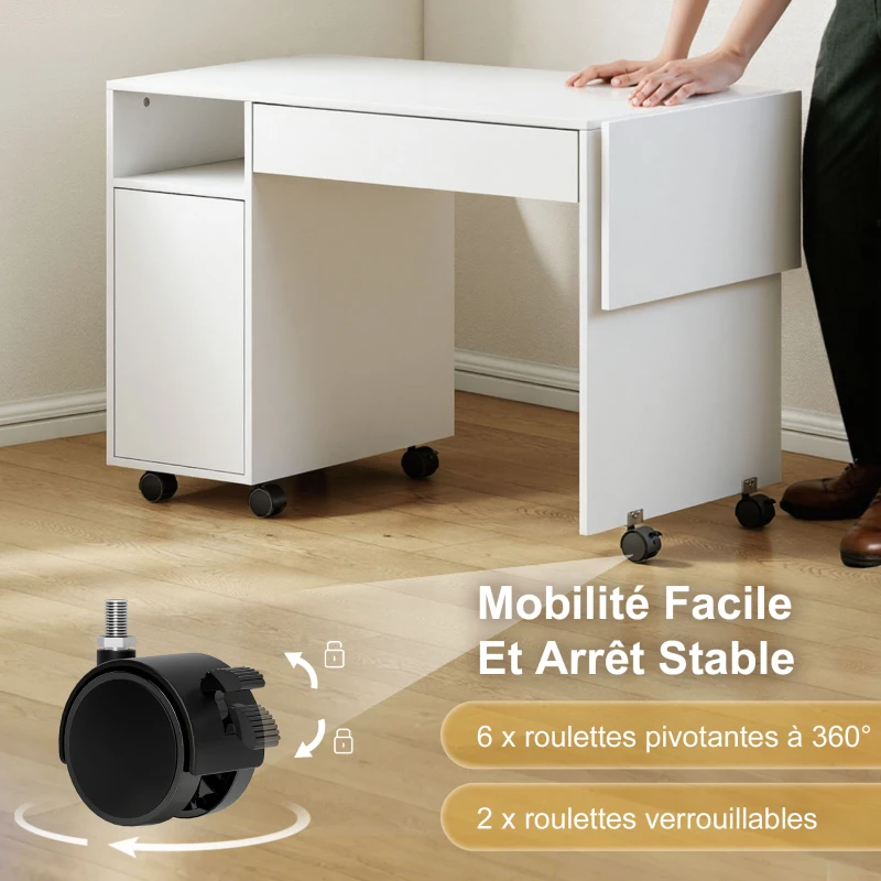HOMCOM Bureau d'ordinateur sur roulettes, table informatique avec abattant, tiroir, placard et compartiment, 130 x 58 cm, blanc