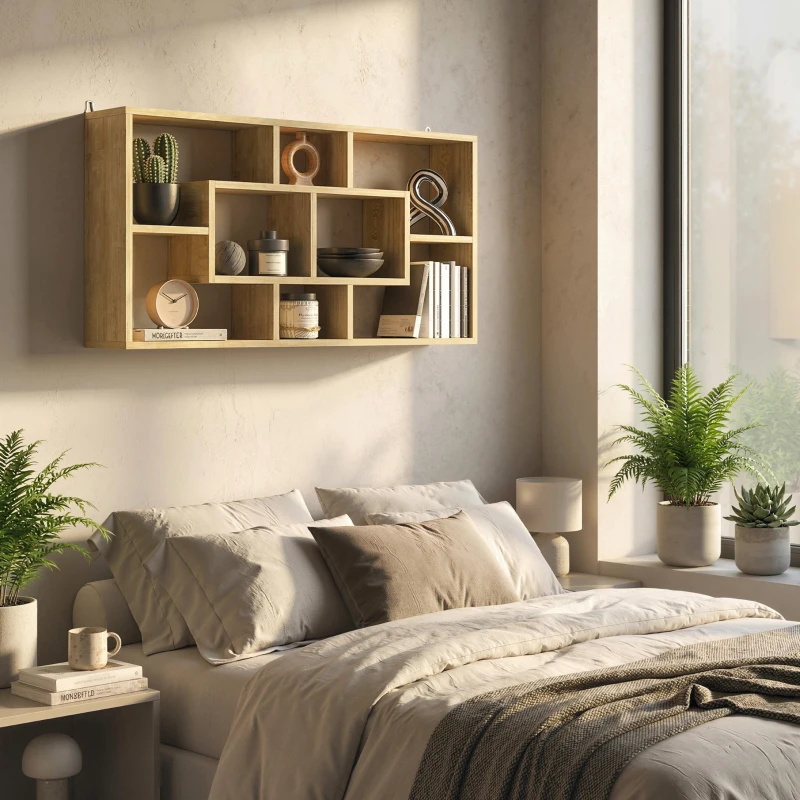 HOMCOM Estante de Pared Decorativo Estantería para Libro, CDs con 8 Cubos 85x14,5x47,5 cm Roble