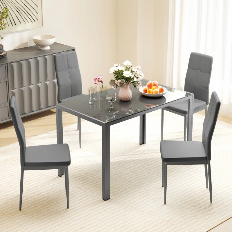 HOMCOM 5-Piece Kitchen Dining Table Set with 4 Faux Leather Metal Frame Chairs Glass Tabletop Desk for Dining Room, Kitchen, Dinette, Grey