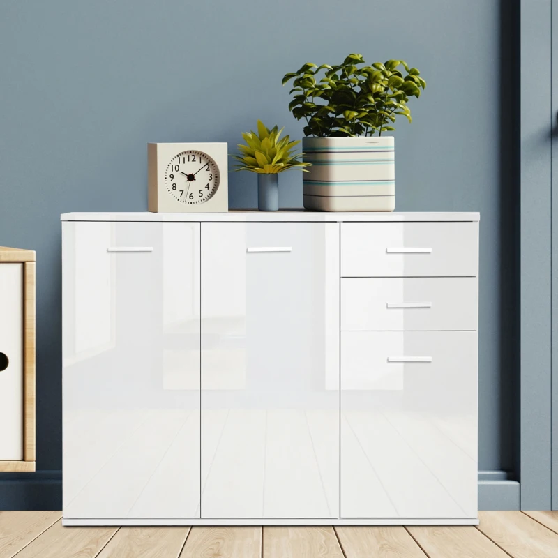 HOMCOM Buffet salon à haut brillance, meuble de rangement avec 2 tiroirs, 3 portes et étagère réglable, style contemporain, buffet salle à manger et cuisine, 106 x 35 x 76 cm, blanc