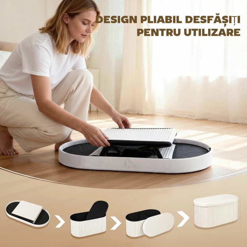 Taburet cu Spațiu de Depozitare Pliabil HOMCOM, Bancă Modernă Tapițată cu Catifea, Suport pentru Picioare cu Compartiment de 72L pentru Sufragerie și Dormitor, 76x38x35 cm, Crem