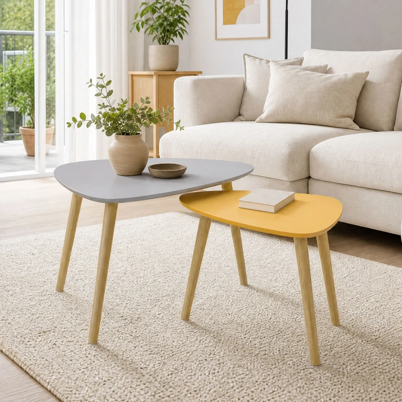 HOMCOM Lot de 2 tables basses gigognes design scandinave pieds en bois et plateau en bois, gris et jaune
