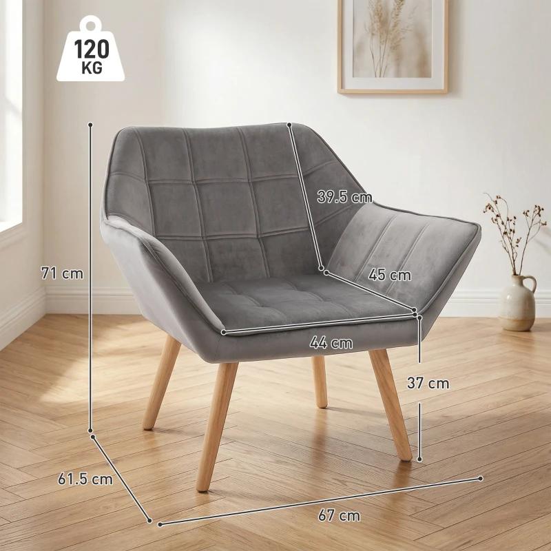 HOMCOM Poltroncina Stile Nordico in Legno ed Effetto Velluto Grigio per Soggiorno o Ufficio, 67x61.5x71 cm