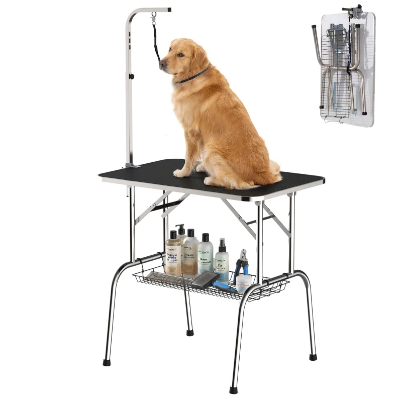 PawHut Trimmtisch für Hunde Hundepflegetisch klappbar, Haustierpflegetisch mit höhenverstellbarem Galgen, Schlingen, Netzkorb, Schertisch bis 150 kg, 90 x 60 x 75 cm, Schwarz