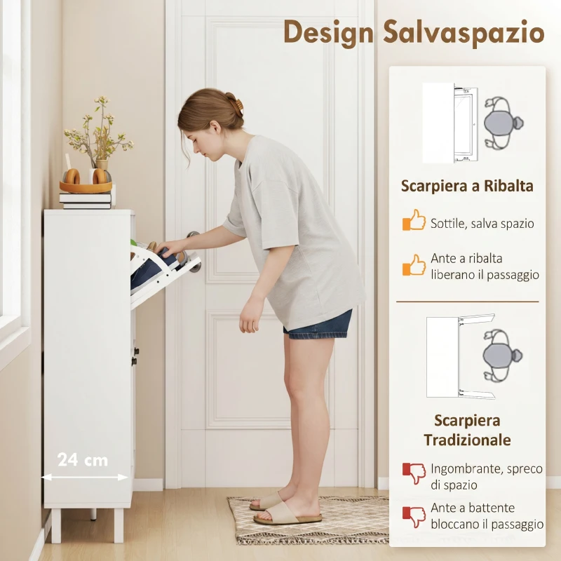 HOMCOM Mobile Scarpe, 4 Cassetti Ribaltabili, Salvaspazio con Ripiani Regolabili, Bianco