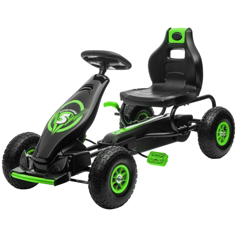 HOMCOM Kinder-Gokart, mit Pedalen, verstellbarem Sitz, In- und Outdoor, ab 5 Jahren, Grün+Schwarz, 121 x 58 x 61 cm