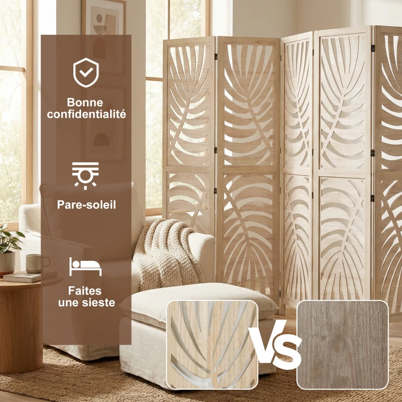 HOMCOM Paravent interieur en bois 6 panneaux 240 x 170 cm, pliable et portable, motif de feuille, design amovible, bois naturel