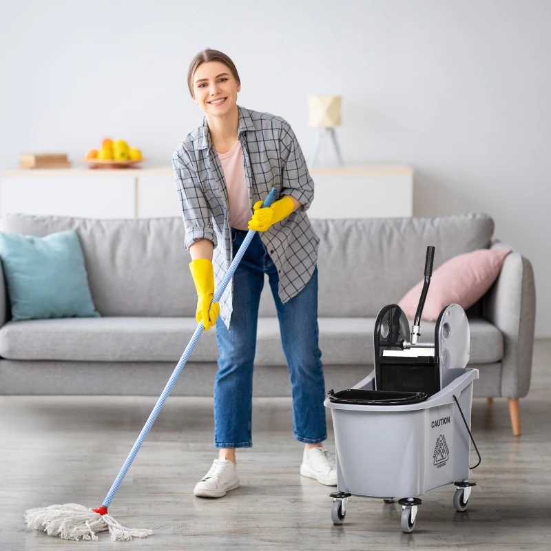 HOMCOM Balde de Esfregona Comercial com Espremedor de Pressão para Baixo Capacidade 36L com 4 Rodas 2 Cubetas 54x41x91,5 cm Cinza