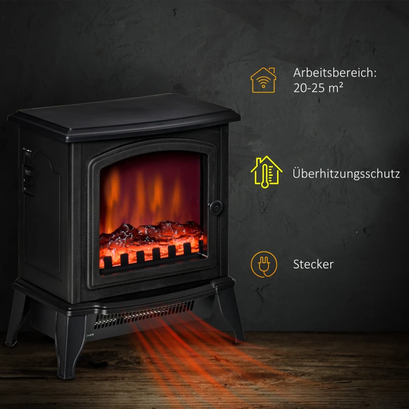 HOMCOM Elektrische Kachel Vrijstaand, Vlameffect, 2 Verwarmingsmodi 1000W/2000W, Gehard Glas, Zwart, 36,5x24x45,5 cm(m-6)