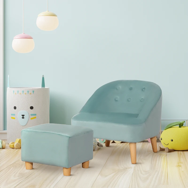 HOMCOM Kindersessel mit Ottomane für Kinder von 3 bis 5 Jahren Niedliches Design Samtoptik 51 cm x 51 cm x 50 cm Grün