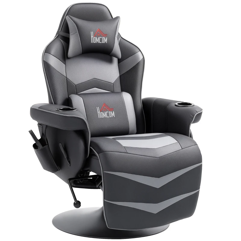 HOMCOM Gamingsessel, Massagefunktion, neigbare Lehne, Fußstütze, bis 120 kg, Stahlrahmen, Kunstleder, Grau(m-12)