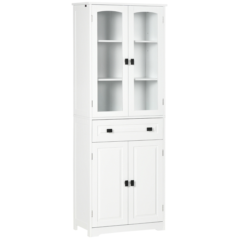 HOMCOM Buffet haut armoire de cuisine 4 portes dont 2 portes vitrées et 1 tiroir hauteur 160 cm avec étagères en bois blanc