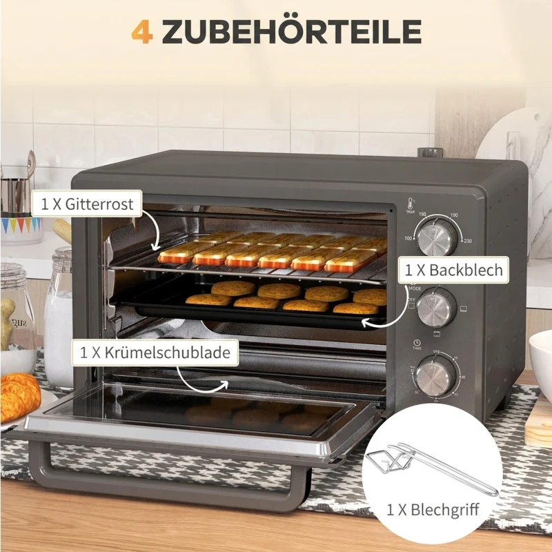 HOMCOM Minibakoven, 21 L Toasteroven met 1 draadrek en 1 bakplaat, 3 kookstanden, 100 °C-230 °C, roestvrij staal, glas, grijs(m-6)