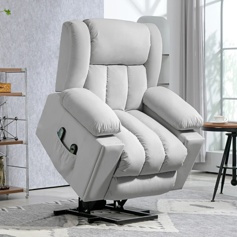 HOMCOM Elektrische TV Fauteuil met Opsta-hulp Relaxfauteuil met Lig-, Warmte- en Massagefunctie Massagesessel met Afstandsbediening Bekerhouder Zijvak USB Pocketvering Fluweel Lichtgrijs(m-2)