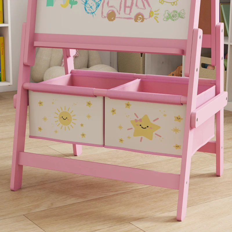 AIYAPLAY Kinder Ezel 3-in-1 Kindertafel met Krijtbord, Whiteboard, Papierrol en 2 Opbergmanden, voor 3-8 Jaar, Roze