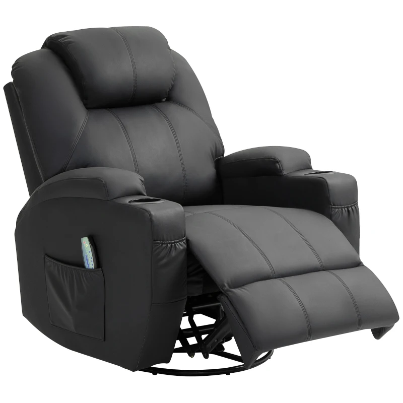 HOMCOM Relaxsessel mit Massagefunktion, neigbare Lehne, drehbar, bis 150 kg, Kunstleder, Schwarz(m-11)